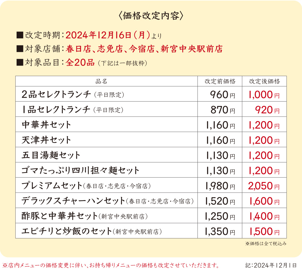 【レストラン】12月16日より一部商品価格改定のご案内